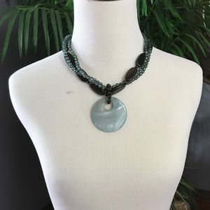 Aqua/Charcoal Beaded Necklace With Pendent